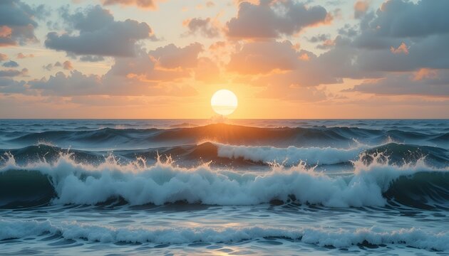 The orange sun rays falling on sea waves the atmosphere become so majestic 