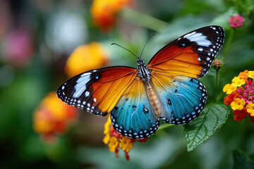 Fototapeta premium Colorful Butterfly on Bright Flowers in Garden