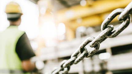 Industrial worker wearing hard hat and safety vest managing heavy metal chain, representing strength and production
