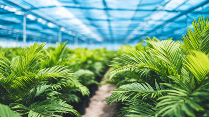 Green plants thriving indoors under controlled conditions in a modern greenhouse, supporting sustainable agriculture and plant growth
