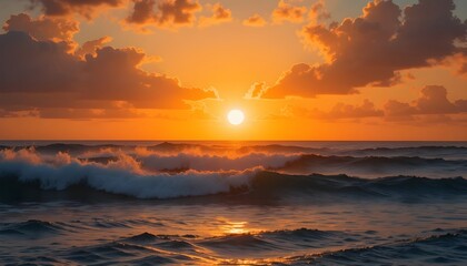 The orange sun rays falling on sea waves the atmosphere become so majestic 