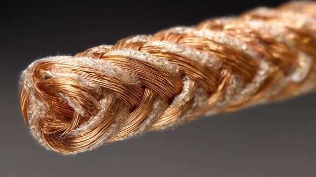 Closeup of flexible braided copper wire shielding applied as EMI protection on a thick circular electrical cable emphasizing durability and conductivity.