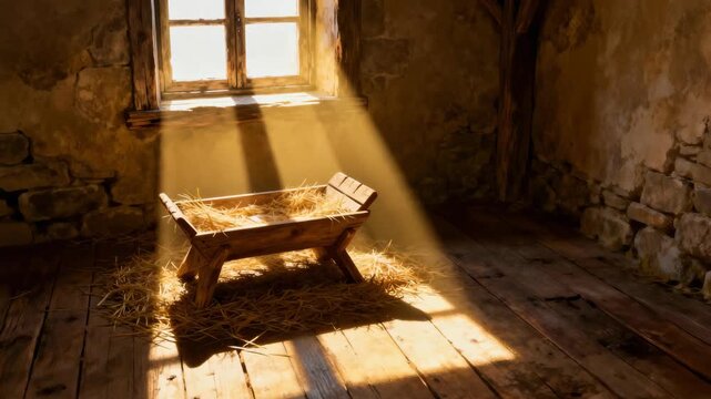 Wooden manger filled with straw illuminated by a bright sunbeam in a rustic room. Nativity scene representing the birth of Jesus. Christmas concept
