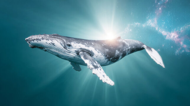 Humpback whale swimming in an abstract underwater space, surrounded by nebula and stars, symbolizing discovery and cosmic journey