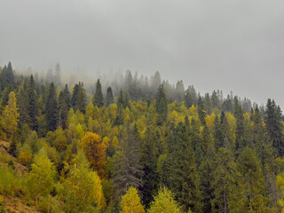 Misty Autumn Rain Clouds over Ukrainian Carpathian Mountains.