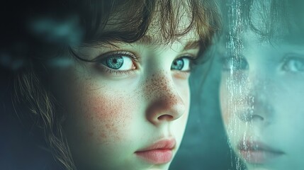 A contemplative girl gazes out through a rain-streaked window, her blue eyes full of wonder and reflection.