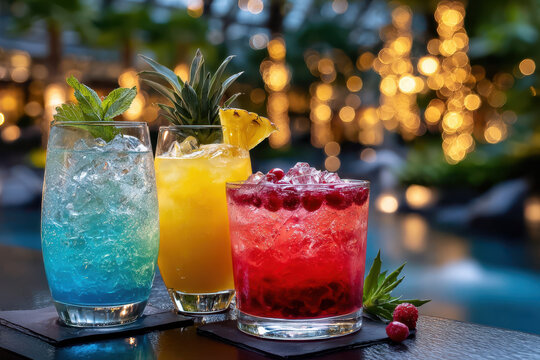 Three colorful cocktails by a pool at night