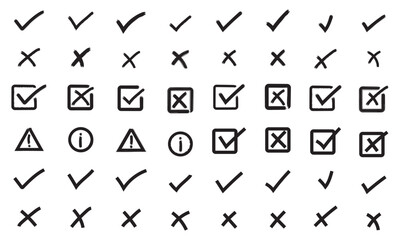 Check tick mark, Cross, Warning, Info Icon Set – Cross box x check mark checkbox Grunge Brush Stroke. Vote, yes, no, right, wrong Hand drawn doodle sketch style vector illustration