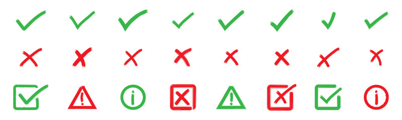 Check tick mark, Cross, Warning, Info Icon Set &ndash; Cross box x check mark checkbox Grunge Brush Stroke. Vote, yes, no, right, wrong Hand drawn doodle sketch style vector illustration