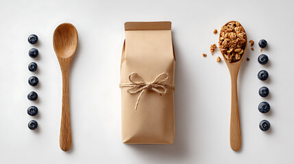 Wooden spoons with blueberries and granola bag kraft paper bag twine
