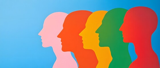 Colorful profile silhouettes against a vibrant background.