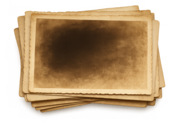 Stack of antique blank photo frames with distressed edges on transparent background representing memories, history, and nostalgia