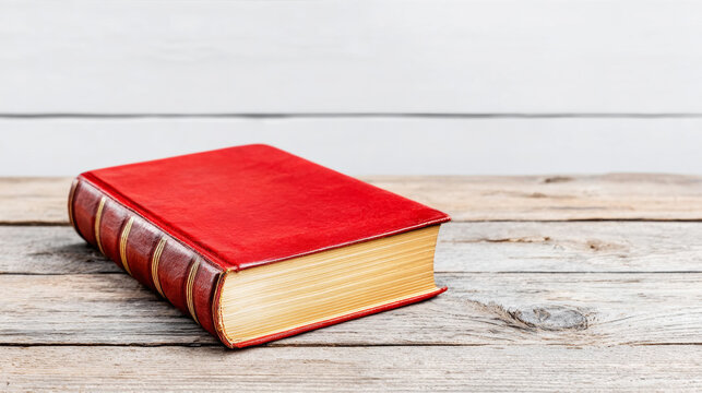 Antique red leather bound book on a rustic wooden table, representing knowledge, education, and vintage stories