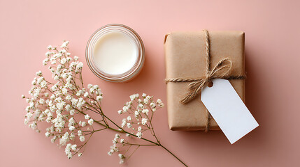 Wrapped gift jar and delicate white flowers on pink present kraft paper