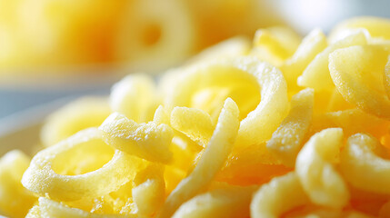 Spiral fried potato chips displaying their enticing texture, a tasty and quick to prepare snack ideal for parties