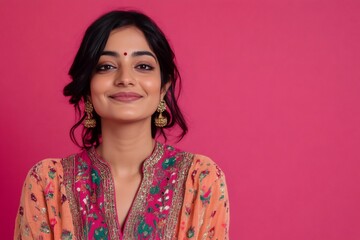 Young Indian woman smiling at camera, wearing a vibrant embroidered kurta and traditional jhumka earrings
