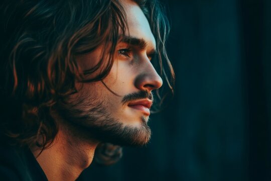 Thoughtful young man with long hair and beard looking into the distance. Warm light illuminates his profile against a dark background