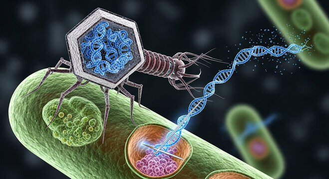 Intriguing bacteriophage attacking bacteria cell with DNA injection for genetics research and innovative microbiology solutions in cutting-edge biotechnology