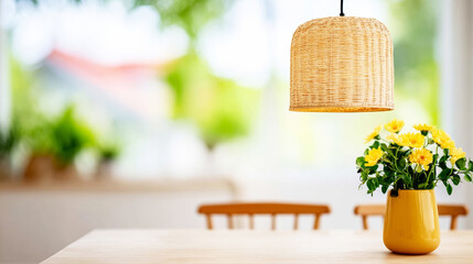 Natural straw pendant light hanging over a light wood dining table with yellow flowers in a minimalist home
