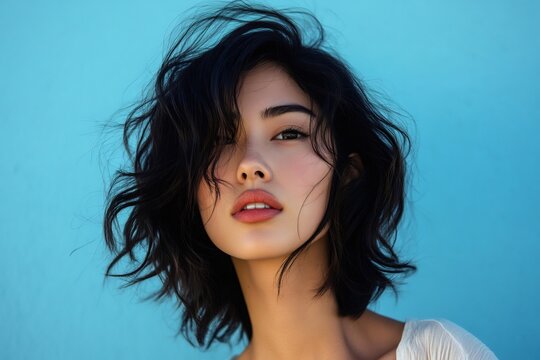 Young woman with natural makeup and a styled lob haircut standing against a vibrant blue background, radiating beauty and confidence