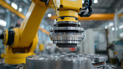 Yellow robotic arm assembling metal components in factory industrial automation manufacturing