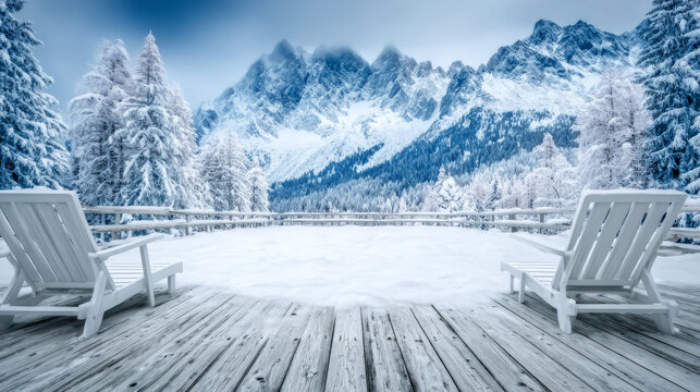 Winter wellness deck with wooden loungers enjoying snow covered alpine mountain range views and forest tranquility