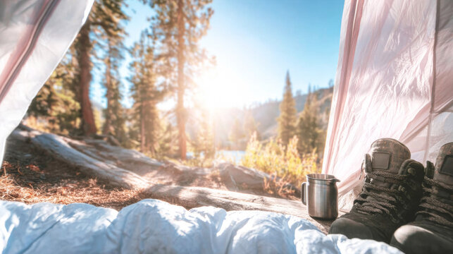 Tent interior with hiking boots and mug, morning forest view, enjoying camping wilderness adventure