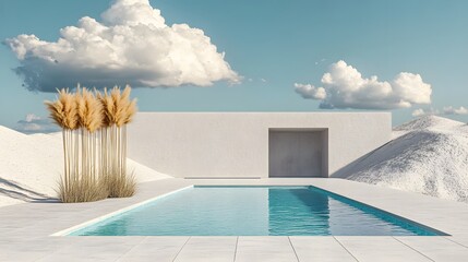 Serene minimalist poolside environment with a scenic cloudy sky.