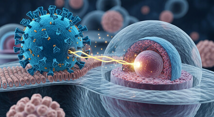 Visualize viral infection and cellular interaction for science education or medical research, a compelling illustration of disease transmission and immune response