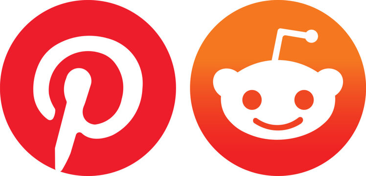 pinterest and reddit social media platform logos content sharing community icon set isolated on white background.