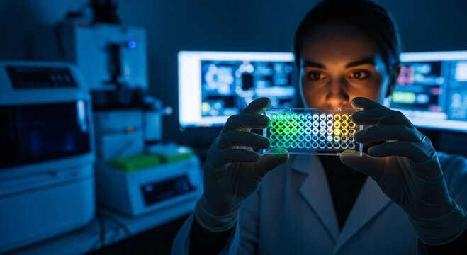Focused scientist analyzing cell culture results in modern lab, advancing medical research with cutting-edge technology for future innovations