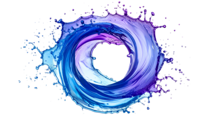 Abstract Blue and Purple Liquid Swirl Vortex with Droplets, Isolated on Transparent Background - Cut Out.