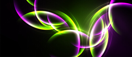 Abstract swirls, vibrant colors, green, purple, white. Dynamic composition, flowing lines, modern design, dark background.