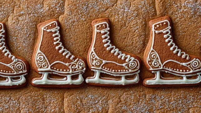 brown christmas gingerbread shaped like cute ice skates resting on a gingerbread texture