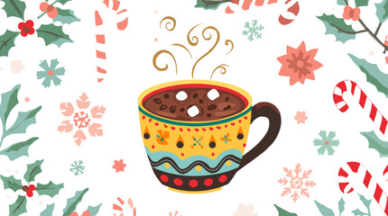 Hot chocolate mug in yellow ethnic patterned cup with marshmallows