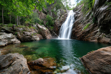 Waterfall cascades into a clear green pool in a rocky gorge