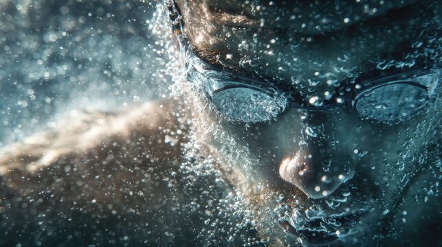 Underwater Athlete Exhaling Bubbles with Shimmering Light Effect - Powered by Adobe