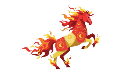 A geometric red horse with yellow accents rearing flames licking its legs and mane against a white backdrop