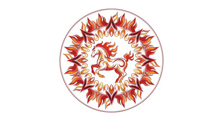A circular design with a fire horse surrounded by flames and ornamental shapes