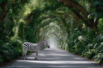 Obraz premium Zebra walking along a misty road surrounded by lush green trees in daylight