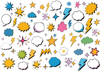 Colorful Comic Elements Set Lightning Stars Clouds Icons