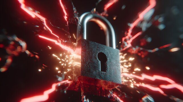 Security breach represented by broken padlock with glowing red energy lines and sparks symbolic of cyber attack data breach and vulnerability representing the fragility of digital defenses 