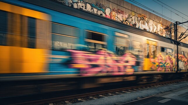 High-speed Train Passing Graffiti Wall with Motion Blur in Urban Setting
