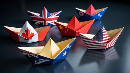Origami paper boats decorated with international country flags symbolizing global unity and cooperation
