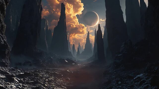 Haunted rugged landscape, Spooky ravine featuring pointed mountain