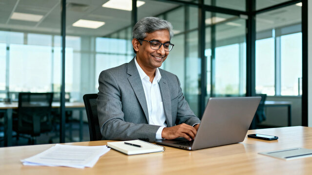 Mature Indian business man CEO manager working confidently on laptop computer typing in bright modern office. Middle eastern smiling senior businessman entrepreneur sitting at desk working - Powered by Adobe
