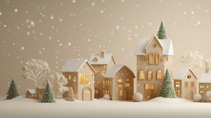 Charming winter village scene with snowcovered gingerbread houses and festive christmas trees under a gentle snowfall