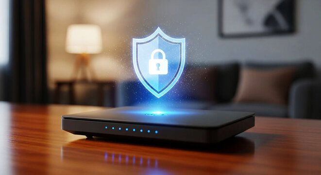 Black router with glowing blue shield and padlock hologram on wooden table modem internet