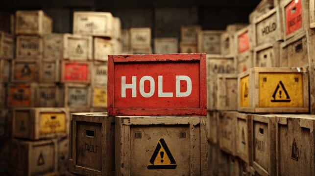 Stacked Boxes with Warning Symbols and Hold Labels in Staging Area