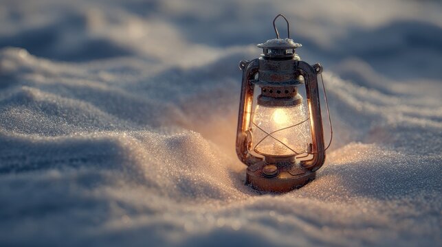 A vintage oil lantern with a warm glow sits nestled in a blanket of soft, pristine snow during a serene winter evening - Powered by Adobe